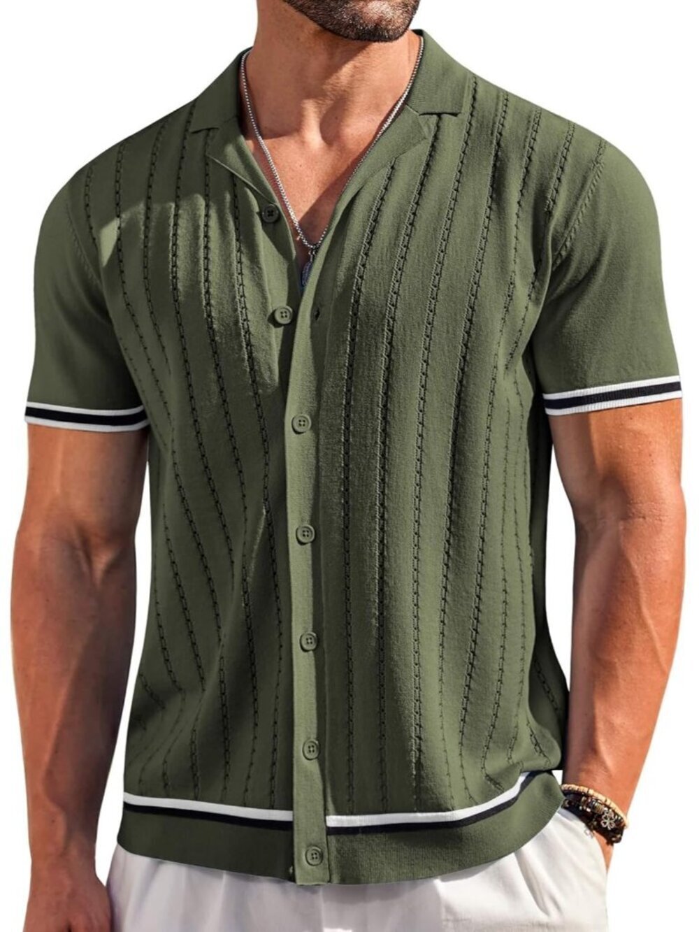 Men’s Army Green Blue Short Sleeve Knit Button Down Vintage Striped Beach Shirt